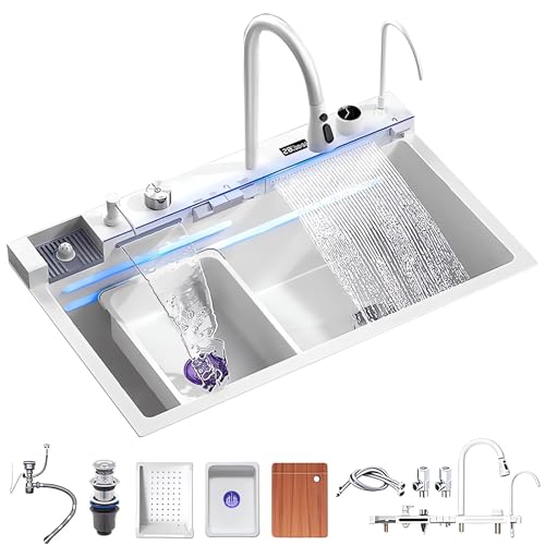 Coubird Küchenspüle Weiß T304 Edelstahlspüle, Moderne Luxus Multifunktions Wasserfall-Spüle, Über/Unterbauspüle Einzelbecken mit Abfluss-Set (Weiß,85X45CM) von Coubird