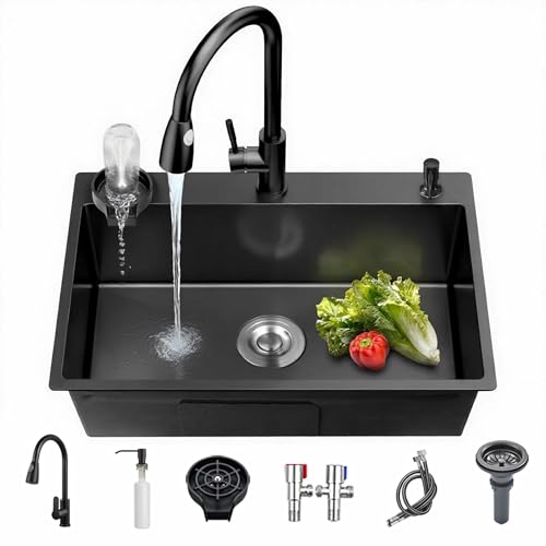 Coubird Küchenspüle schwarz Edelstahl Unterbau/Aufsatz kleine Einzelbecken, Küchenspüle mit Abtropfgarnituren, geeignet für Küchen, Bars und Wohnmobil(60x45cm) von Coubird