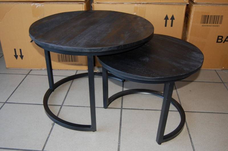 Couchcenter Couchtisch 2er Set Couchtische Arnheim Mangoholz Massiv rund Metall Satztische (2er Set), Tischplatte aus Mango Holz von Couchcenter