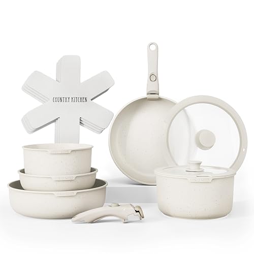 Country Kitchen 13-teiliges Topf- und Pfannenset – sicheres Antihaft--, abnehmbarer , Küchenkochgeschirr mit abnehmbarem Griff, Wohnmobil-Kochgeschirr-Set, ofenfest (cremefarben) von Country Kitchen
