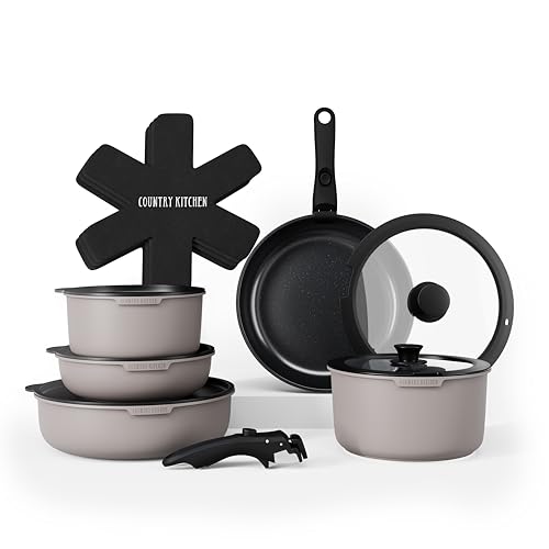 Country Kitchen 16-teiliges Topf- und Pfannen-Set – sicheres Antihaft-Küchengeschirr mit abnehmbarem Soft-Touch-Griff, Wohnmobil-Kochgeschirr-Set, ofenfest (grau) von Country Kitchen