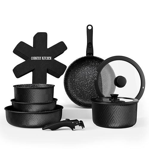 Country Kitchen Kochgeschirr-Set mit abnehmbarem Griff, ofen- und Wohnmobil-sichere Töpfe und Pfannen Set, schwarze Raute, Original Country Kitchen Kochgeschirr-Set mit abnehmbarem Griff, ofen- und Wohnmobil-sichere Töpfe und Pfannen Set, schwarze Raute, Original von Country Kitchen