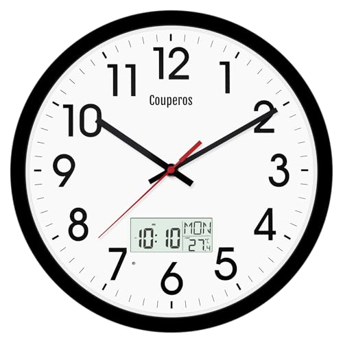 Couperos 30cm Digitale Wanduhr mit beleuchtetem LCD-Anzeige Temperatur, Woche, schaltbare Zeit und ewiger Kalender, Ohne Tickgeräusche, Moderne Analog Uhr für Küche Schlafzimmer Büro (Schwarz) von Couperos