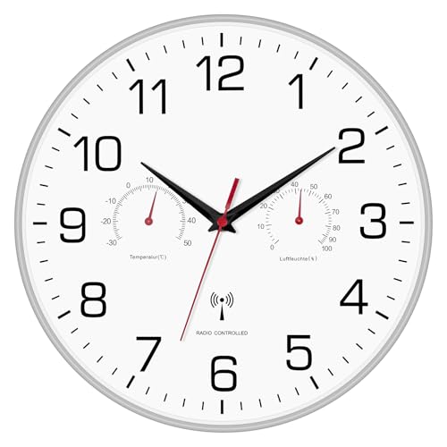 Couperos Wanduhr Funk Geräuschlos mit Thermometer & Hygrometer FunkWanduhr Lautlos 30 cm Wanduhr Ohne Tickgeräusche Funk für Wohnzimmer, Küche, Büro (Kunststoff) von Couperos