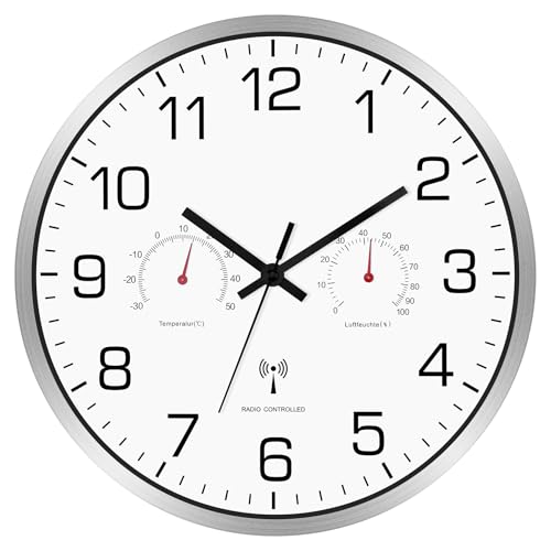 Couperos Wanduhr Funk Geräuschlos mit Thermometer & Hygrometer FunkWanduhr Lautlos 30 cm Wanduhr Ohne Tickgeräusche Funk für Wohnzimmer, Küche, Büro (Metall) von Couperos