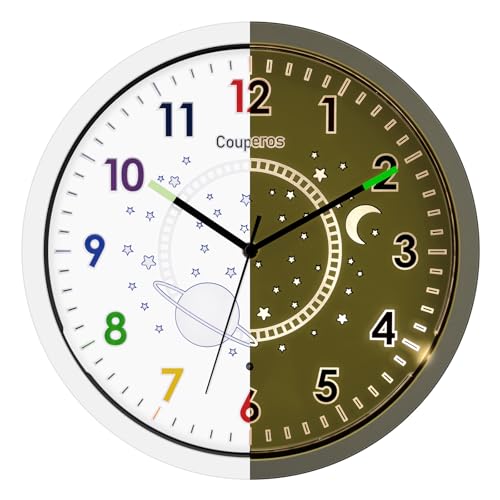 Couperos Wanduhr Leuchtend ohne Tickgeräusche Nachtlicht – Geräuschlose, Nachleuchtende Batteriebetriebene Moderne Wanduhr für Schlafzimmer, Wohnzimmer – Kinder Wand Uhr mit Licht (weiß) von Couperos