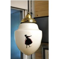 Jugendstil Deckenlampe 1920Er Jahre, Opal Glas, Emailmalerei, Messing Aufhängung von Courageandhope