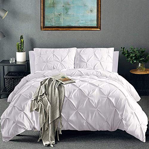 CoutureBridal Weiß Bettwäsche 200x220cm Luxus Pintuck Plisseefalten Mikrofaser Wendebettwäsche Set Uni Doppelbett Bettbezug mit Reißverschluss und 2 Kissenbezug 80x80cm von CoutureBridal