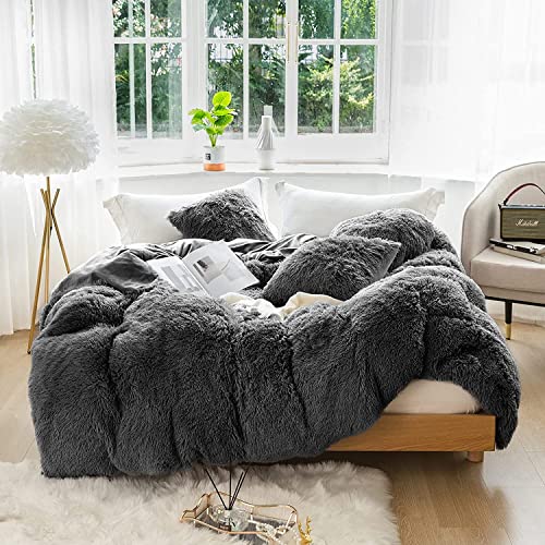 CoutureBridal Bettwäsche 200x200cm Grau Warm Winter Plüsch Langhaar Flauschig Flanell Biber Bettbezug mit Reißverschluss und 2 Kissenbezug 80x80cm Doppelbett Deckenbezug von CoutureBridal