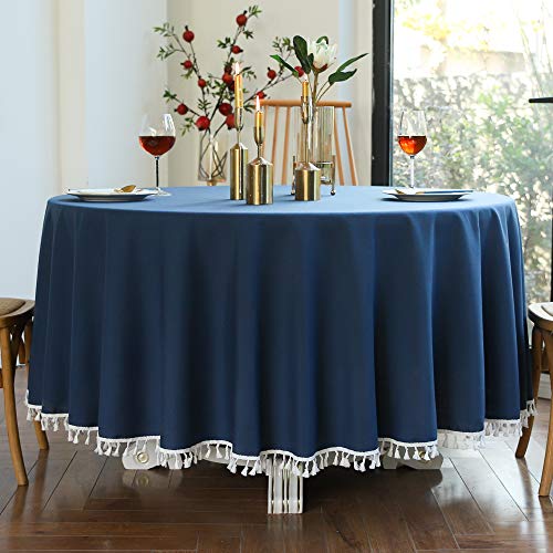 CoutureBridal Tischdecke Rund 140 cm Dunkelblau Blau Baumwolle Leinen Abwaschbar Uni Quaste Gartentischdecke Couchtisch Tischtuch für den Innen - und Außenbereich von CoutureBridal