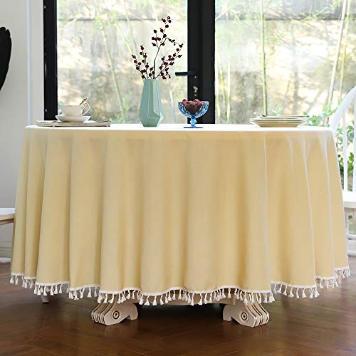 CoutureBridal Tischdecke Rund 180 cm Gelb Cream Baumwolle Leinen Abwaschbar Uni Quaste Gartentischdecke Couchtisch Tischtuch für den Innen - und Außenbereich von CoutureBridal