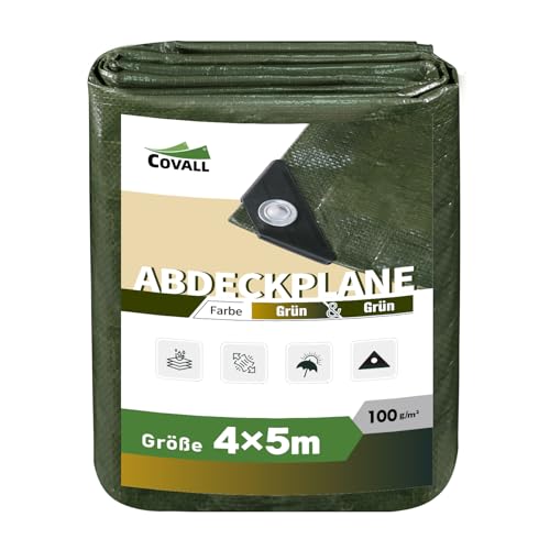 Covall Abdeckplane Gewebeplane Plane mit Ösen Wasserdicht Tarp 4x5m Mittelschwere zeltplane Abdeckung 100g/m² Grün Bauplane Holzplane Industrieplane UV-Beständig Camping Zelt Pool Dach Boote LKW von Covall