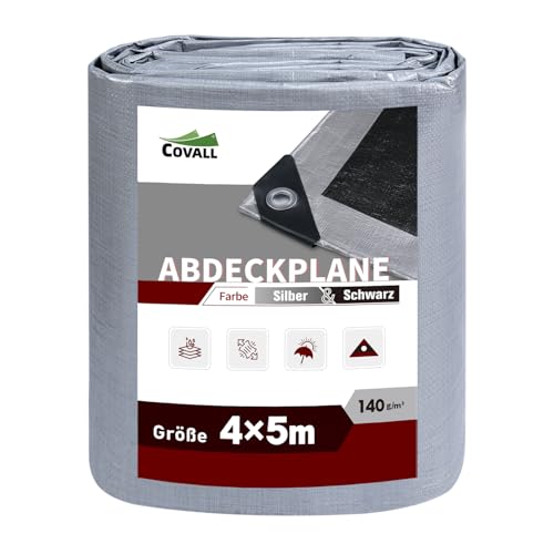 Covall Abdeckplane mit Ösen Wasserdicht Gewebeplane Plane Tarp Schwerlast 4x5m Schutzplane Abdeckung Bauplane Bodenplane 140g/m² Silber/Schwarz Dach Pool Auto LKW Camping Zelt BAU Garten von Covall