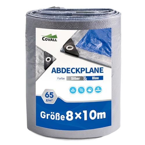 Covall Leichte Abdeckplane Wasserdicht Gewebeplane 8x10m Plane mit Ösen Schutzplane Bootsplane 65g/m² Silber/Blau Bauplane Holzplane Wetterfest Winddicht UV-Beständig Camping Zelt Auto LKW Pool von Covall