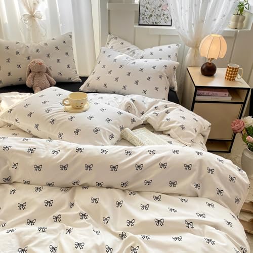 Covebett Bettwäsche 135x200 4teilig Weiß mit Schwarz Schleifen Aesthetic Bettbezug Set Kawaii Schwarze Schleifenmuster Renforcé Microfaser 2 Deckenbezug Reißverschluss und 2 Kissenbezug 80x80cm von Covebett