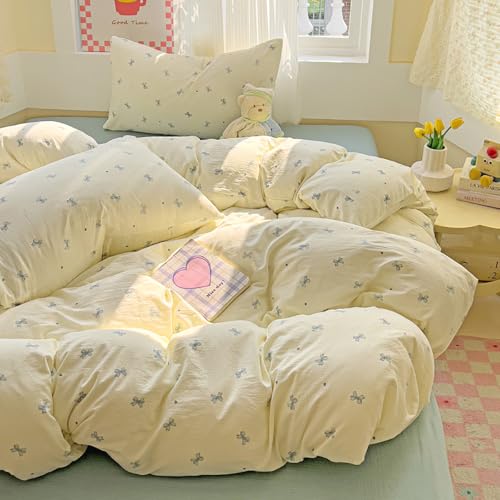 Covebett Bettwäsche 135x200 Beige mit Blau Schleifen Mädchen Bettbezug Set Blau Herzen Schleifenmuster Kawaii Gewaschene Microfaser Einzelbett Deckenbezug Reißverschluss und Kissenbezug 40x80cm von Covebett
