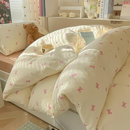 Covebett Bettwäsche 135x200 Beige mit Rosa Schleifen Mädchen Bettbezug Set Rosa Herzen Schleifenmuster Kawaii Gewaschene Microfaser Einzelbett Deckenbezug Reißverschluss und Kissenbezug 80x80cm von Covebett