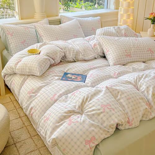 Covebett Bettwäsche 135x200 Blau Weiß Kariert mit Rosa Schleifen Herzen Bettbezug Set 2teilig Weich Microfaser Kawaii Karo Schleifenmuster Mädchen Deckenbezug und Kissenbezug 80x80 mit Reißverschluss von Covebett