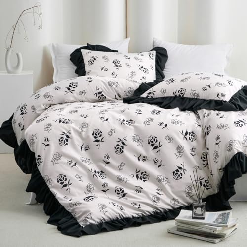 Covebett Bettwäsche 135x200 Blumen Schwarz Weiß mit Rüschen Romantische Bettwäsche Set Blümchen Vintage Blumenmuster Mikrofaser Einzelbett Bettbezug und Kissenbezug 80x80cm Reißverschluss von Covebett