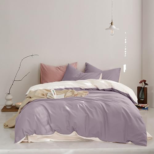 Covebett Bettwäsche 135x200 Lila Weiß Zweifarbig Uni Einfarbig Microfaser Wendebettwäsche 2 Teilig Unifarben Weich Bügelfrei Einzelbett Wende Bettbezug und Kissenbezug 80x80 cm Reißverschluss von Covebett