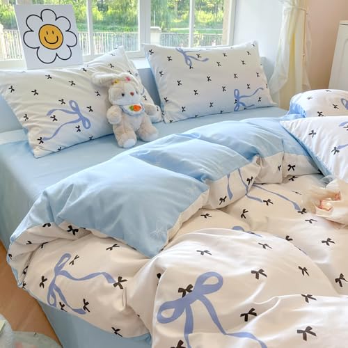 Covebett Bettwäsche 135x200 Mädchen Weiß Blau mit Schwarz Schleifen Kinder Bettbezug 2teilig Aesthetic Kawaii Renforcé Microfaser Einzelbett Deckenbezug Reißverschluss und Kissenbezug 40x80cm von Covebett