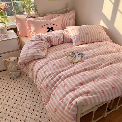 Covebett Bettwäsche 135x200 Rosa Weiß Gestreift mit Schleifen Aesthetic Bettbezug Set 2teilig Rosa Streifen Schleifenmuster Renforcé Microfaser Deckenbezug Reißverschluss und Kissenbezug 80x80cm Covebett Bettwäsche 135x200 Rosa Weiß Gestreift mit Schleifen Aesthetic Bettbezug Set 2teilig Rosa Streifen Schleifenmuster Renforcé Microfaser Deckenbezug Reißverschluss und Kissenbezug 80x80cm von Covebett