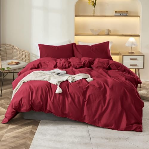 Covebett Bettwäsche 135x200 Rot Weinrot Uni Einfarbig Renforce Microfaser Bettbezug 2 Teilig Burgunderrot Unifarben Weich Bügelfrei Einzelbett Deckenbezug Reißverschluss und Kissenbezug 80x80 cm von Covebett
