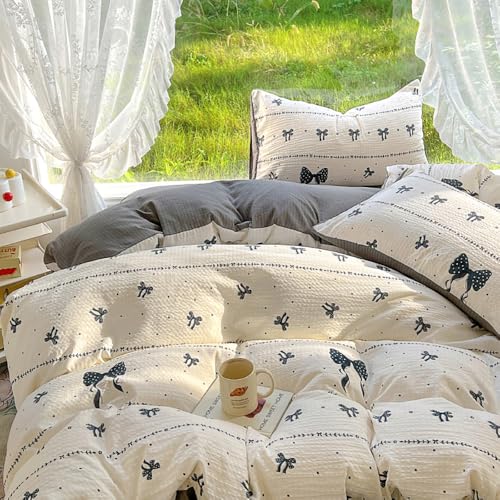 Covebett Bettwäsche 135x200 Weiß Schwarz Schleifen Blumen Aesthetic Bettwäsche Set Kawaii Schwarze Schleifenmuster Renforcé Microfaser Wende Bettbezug mit Reißverschluss und Kissenbezug 40x80cm von Covebett