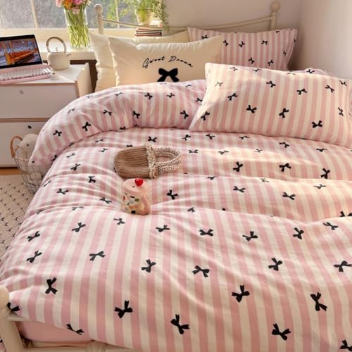 Covebett Bettwäsche 135x200 Weiß mit Rosa Schwarz Streifen Schleifen Mädchen Bettbezug Set Microfaser Weich Aesthetic Gestreift Deckenbezug und Kissenbezug 80x80 mit Reißverschluss Covebett Bettwäsche 135x200 Weiß mit Rosa Schwarz Streifen Schleifen Mädchen Bettbezug Set Microfaser Weich Aesthetic Gestreift Deckenbezug und Kissenbezug 80x80 mit Reißverschluss von Covebett
