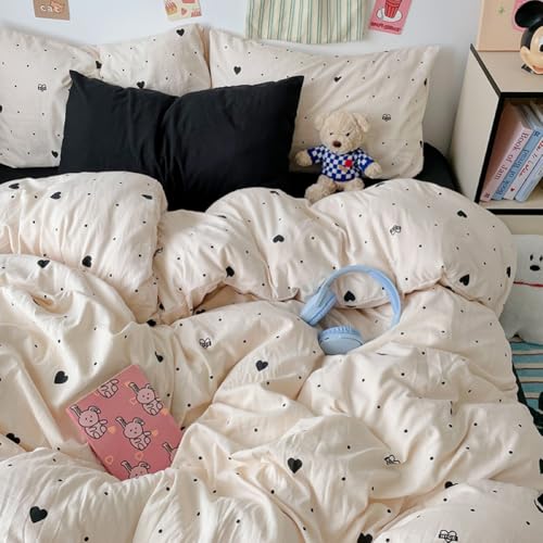 Covebett Bettwäsche 140x200 Beige Schwarz Herzen Microfaser Bettwäsche Set 2teilig Aesthetic Elegant Herz Punkte Gepunktet Mädchen Bettbezug und 1 Kissenbezug 70x90 cm mit Reißverschluss von Covebett