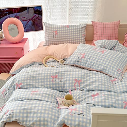Covebett Bettwäsche 155x220 Kariert Blau mit Rosa Schleifen Mädchen Bettbezug 2teilig Aesthetic Blau Weiß Karo Weich Microfaser Einzelbett Deckenbezug mit Reißverschluss und Kissenbezug 80x80cm von Covebett