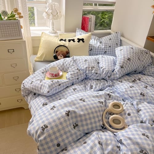 Covebett Bettwäsche 155x220 Kariert Blau mit Schwarz Schleifen Mädchen Bettbezug 2teilig Aesthetic Blau Weiß Karo Weich Microfaser Einzelbett Deckenbezug mit Reißverschluss und Kissenbezug 80x80cm von Covebett