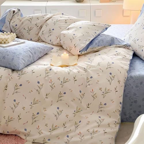 Covebett Bettwäsche 200x200 Blau Weiß Blumen Blätter Pflanzen Muster Aesthetic Bettbezug Blümchen Blumenmuster Mikrofaser Weich Wendebettwäsche Set 3teilig mit Reißverschluss und Kissenbezüge 80x80cm von Covebett