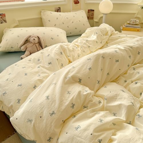 Covebett Bettwäsche 200x220 Beige Creme Schleifen Muster Kawaii Bettbezug Set Aesthetic Blau Herzen Schleifenmuster Weich Gewaschene Microfaser Deckenbezug Reißverschluss und 2 Kissenbezug 80x80cm von Covebett
