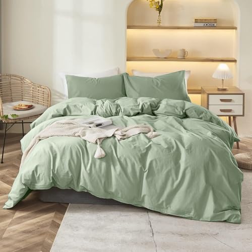 Covebett Bettwäsche 200x220 Salbeigrün Uni Einfarbig Renforce Microfaser Bettbezug Set 3 Teilig Grün Unifarben Weich Bügelfrei Doppelbett Deckenbezug Reißverschluss und 2 Kissenbezug 80x80cm von Covebett