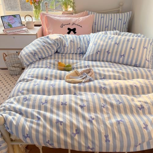 Covebett Bettwäsche 200x220 Weiß Blau Streifen Schleifen Bettbezug Set Microfaser 3teilig Aesthetic Kawaii Gestreift Mädchen Kuschelig Deckenbezug und 2 Kissenbezug 80x80 mit Reißverschluss Covebett Bettwäsche 200x220 Weiß Blau Streifen Schleifen Bettbezug Set Microfaser 3teilig Aesthetic Kawaii Gestreift Mädchen Kuschelig Deckenbezug und 2 Kissenbezug 80x80 mit Reißverschluss von Covebett