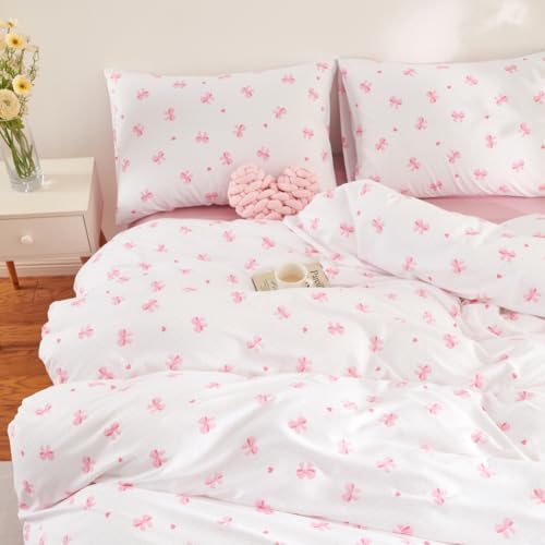 Covebett Bettwäsche 220x240 Weiß Rosa Schleifen Herzen Bettbezug Set Microfaser 3teilig Aesthetic Niedlich Mädchen Kinder Schleifenmuster Deckenbezug und 2 Kissenbezug 80x80 mit Reißverschluss von Covebett