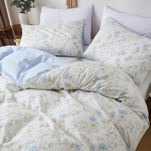 Covebett Bettwäsche Baumwolle 135x200 Blau Weiß Blümchen Blumen Klein Geblümt Muster Bettbezug Set Aesthetic Botanisch Blumenwiese Blumenmuster Deckenbezug Reißverschluss und Kissenbezug 40x80cm von Covebett