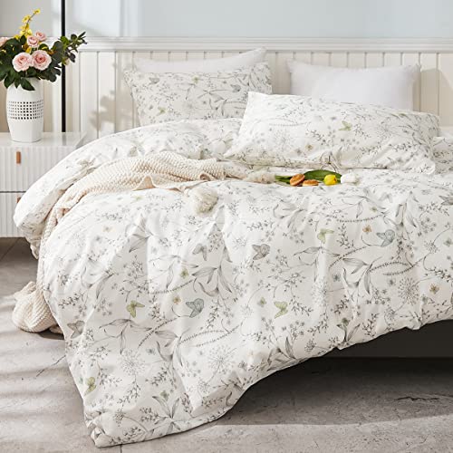 Covebett Bettwäsche Baumwolle 200x200 Weiß Blumen Blätter Schmetterling Blümchen Muster Bettbezug Aesthetic Botanisch Blumenwiese Blumenmuster Deckenbezug Reißverschluss und 2 Kissenbezug 80x80cm von Covebett