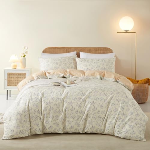 Covebett Bettwäsche Baumwolle 220x240 Beige Blümchen Blau Blumen Klein Geblümt Muster Bettbezug Set Aesthetic Botanisch Blumenwiese Blumenmuster Deckenbezug Reißverschluss und 2 Kissenbezug 80x80cm von Covebett