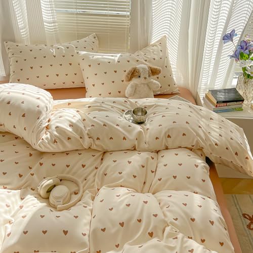 Covebett Bettwäsche Herz 135x200 Beige Braun Herzen Muster Aesthetic Niedlich Bettbezug Set Romantisch Herzchen Herzmuster Microfaser Einzelbett Bettbezug und Kissenbezug 40x80 cm Reißverschluss von Covebett