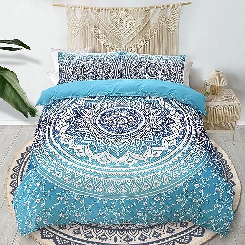 Covebett Boho Bettwäsche 155x220 Blau Weiß Mandala Blumen Vintage Muster Wendebettwäsche Set Bohemian Floral Blumenmuster Microfaser Bettbezug und Kissenbezug 80x80 cm mit Reißverschluss von Covebett