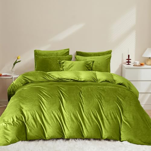 Covebett Flanell Bettwäsche 155x220 Grün Uni Winter Warm Shaggy Coral Fleece Cashmere Touch Kuschelig Winterbettwäsche Flauschig Samt Biber Bettbezug mit Reißverschluss und 1 Kissenbezug 80x80cm von Covebett