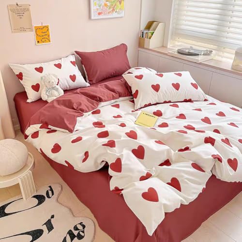 Covebett Herz Bettwäsche 200x200 Weiß mit Roten Herzen Muster Aesthetic Microfaser Bettbezug Set Romantisch Herzchen Herzmuster Doppelbett Deckenbezug mit Reißverschluss und 2 Kissenbezug 80x80cm von Covebett