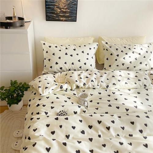 Covebett Herz Bettwäsche 200x220 Schwarz Weiß Herzen Muster Aesthetic Bettbezug Set Romantisch Herzchen Schwarz Weiss Herzmuster Microfaser Deckenbezug mit Reißverschluss und 2 Kissenbezug 80x80cm von Covebett