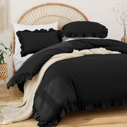 Covebett Rüschen Bettwäsche 135x200 Schwarz Uni Romantische Rüschenbettwäsche Set Weich Bettbezug Renforce Mikrofaser Einzelbett Deckenbezug mit Kissenbezug 40x80 cm Reißverschluss von Covebett