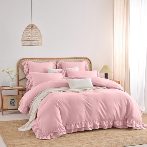 Covebett Rüschen Bettwäsche 140x200 Rosa Uni Romantische Rüschenbettwäsche Set Doppellagige Rüschen Bettbezug Weich Mikrofaser Einzelbett Deckenbezug mit Kissenbezug 70x90 cm Reißverschluss von Covebett