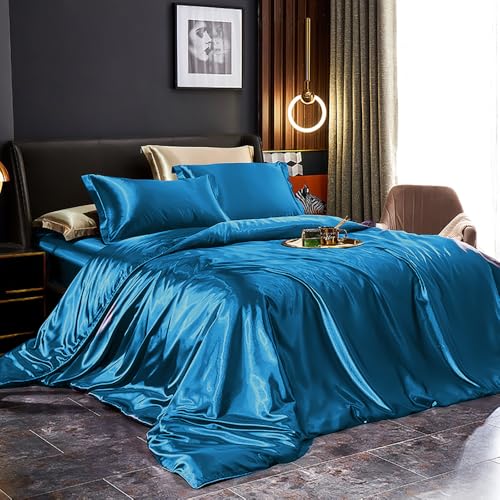 Covebett Satin Bettwäsche 135x200 Blau Dunkelblau Uni Glatt Luxus Seide Aesthetic Seidenbettwäsche Set Einfarbig Glänzend Glanzsatin Microfaser Sommer Bettbezug und Kissenbezug 40x80cm Reißverschluss von Covebett