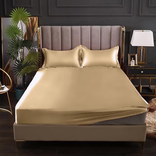 Covebett Satin Spannbettlaken 180x200cm Gold Uni Bettlaken Glänzend Seide Matratzenschoner Glanzsatin Glatt Microfaser Spannbetttuch für Boxspringbett Topper Matratze bis 30 cm von Covebett