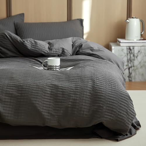 Covebett Seersucker Bettwäsche 220x240 Grau Anthrazit Uni Sommer Wendebettwäsche Set Modern Chic Gestreift Strukturiert Atmungsaktiv Microfaser Bettbezug und 2 Kissenbezug 80x80 cm mit Reißverschluss von Covebett